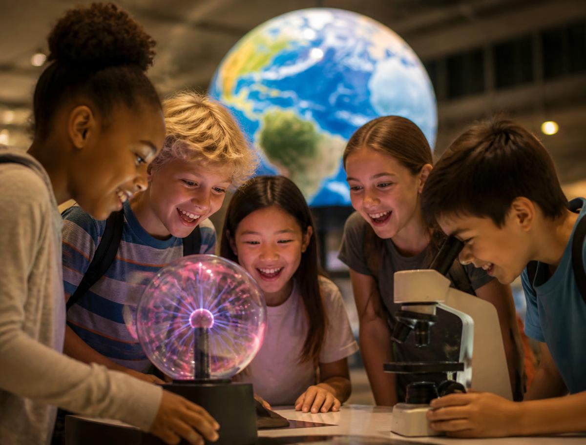Kids gathered around a plasma globe and microscope at a science museum