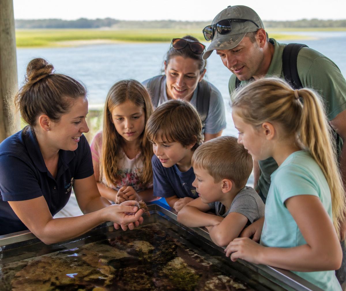 A venue educator leading a touch-tank program for a homeschool group